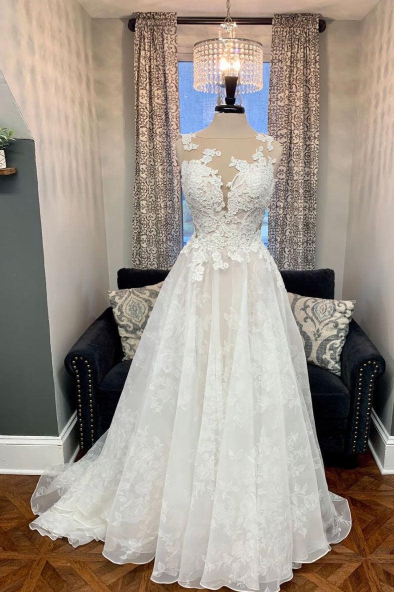 Handmade Wedding Dress Ivory Crew Neck Tulle Lace Long Formal Gown Evening Dress