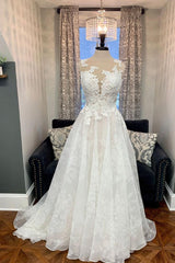 Handmade Wedding Dress Ivory Crew Neck Tulle Lace Long Formal Gown Evening Dress