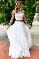 Handmade Wedding Dress Ivory Crew Neck Tulle Lace Two Piece Long Formal Dress