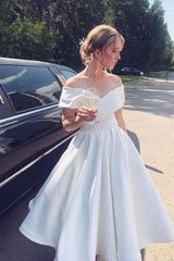 Handmade Wedding Dress Ivory Off the Shoulder Satin Tea Length Evening Dress