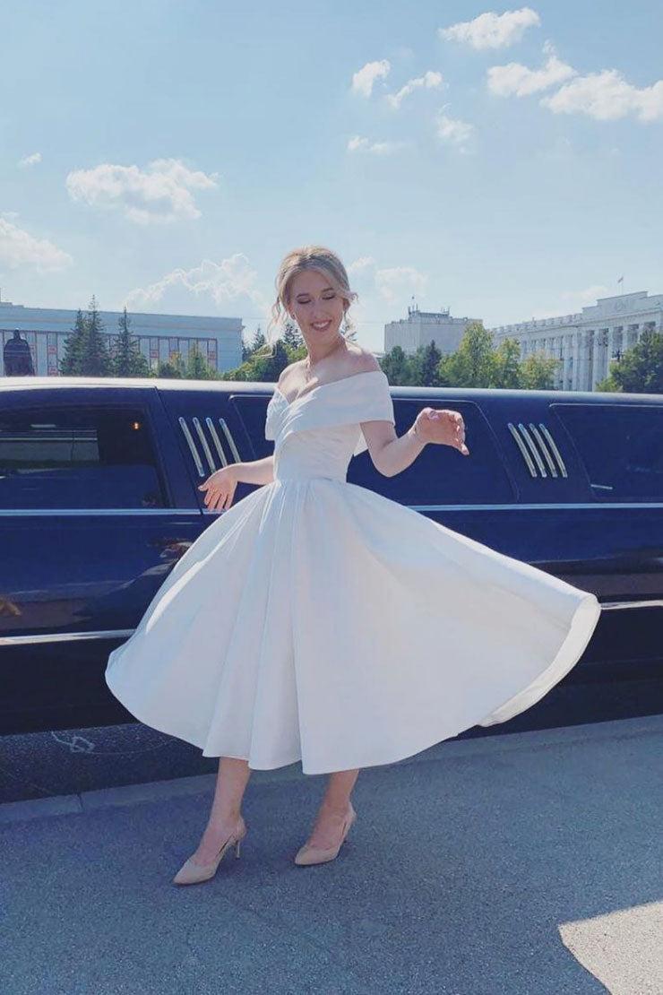 Handmade Wedding Dress Ivory Off the Shoulder Satin Tea Length Evening Dress