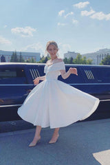 Handmade Wedding Dress Ivory Off the Shoulder Satin Tea Length Evening Dress