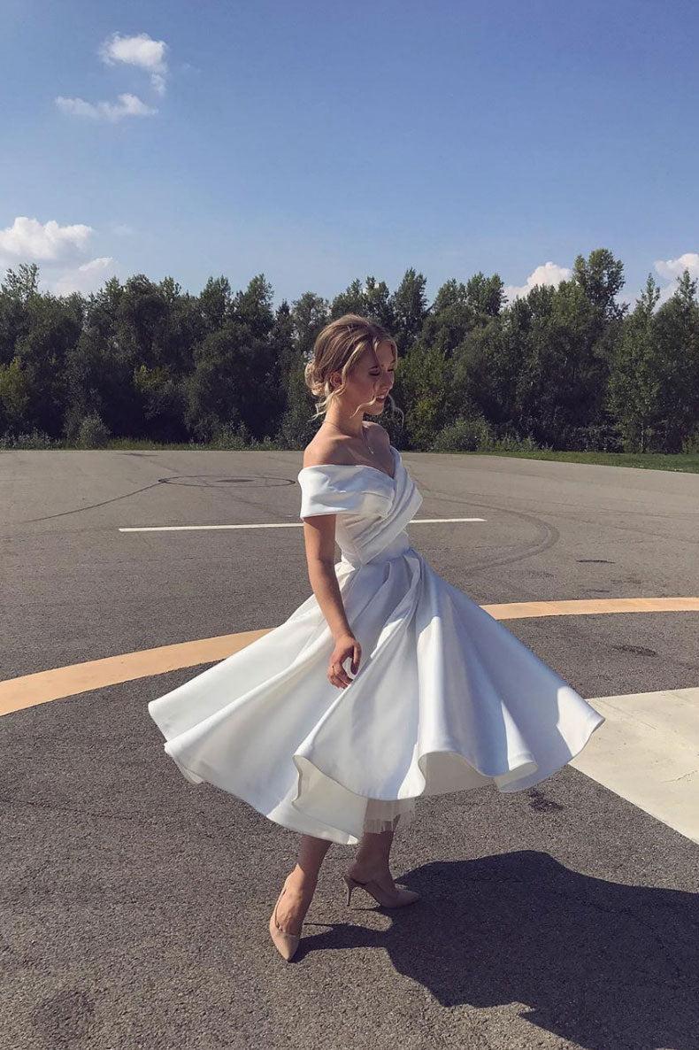 Handmade Wedding Dress Ivory Off the Shoulder Satin Tea Length Evening Dress