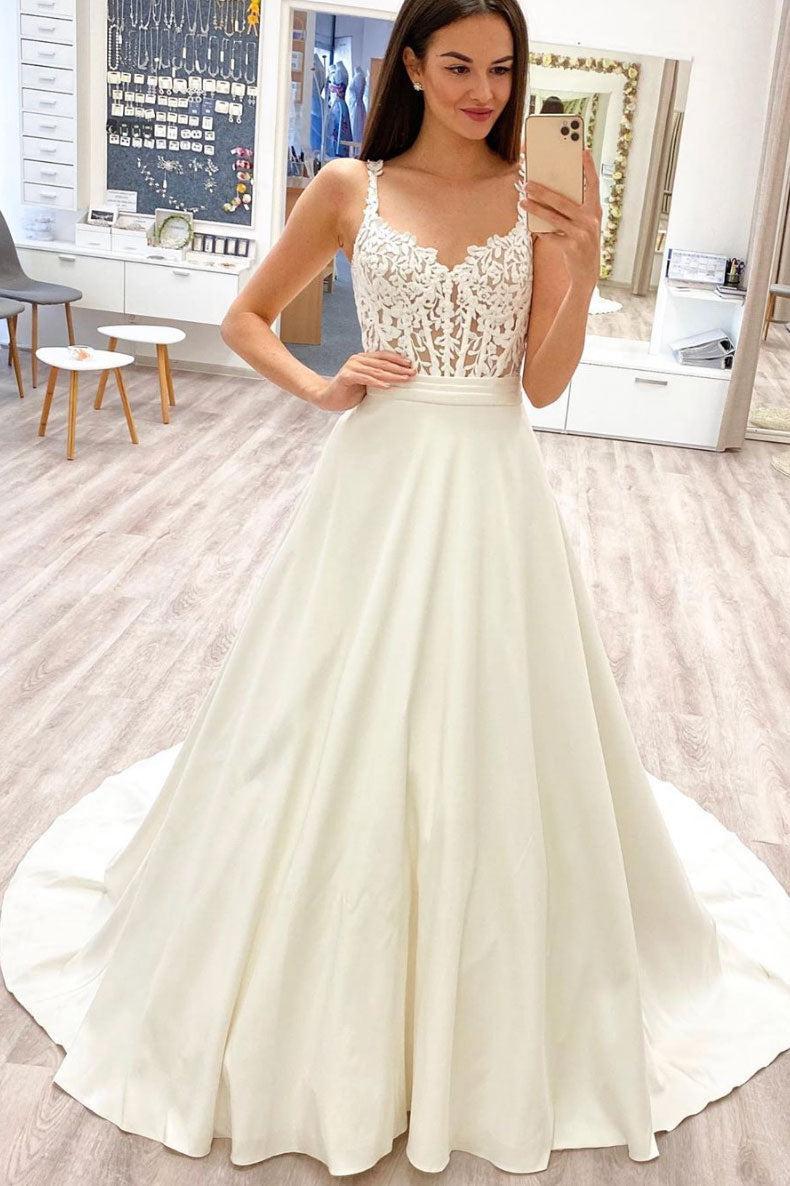 Handmade Wedding Dress Ivory Sweetheart Lace Satin Long Evening Dress