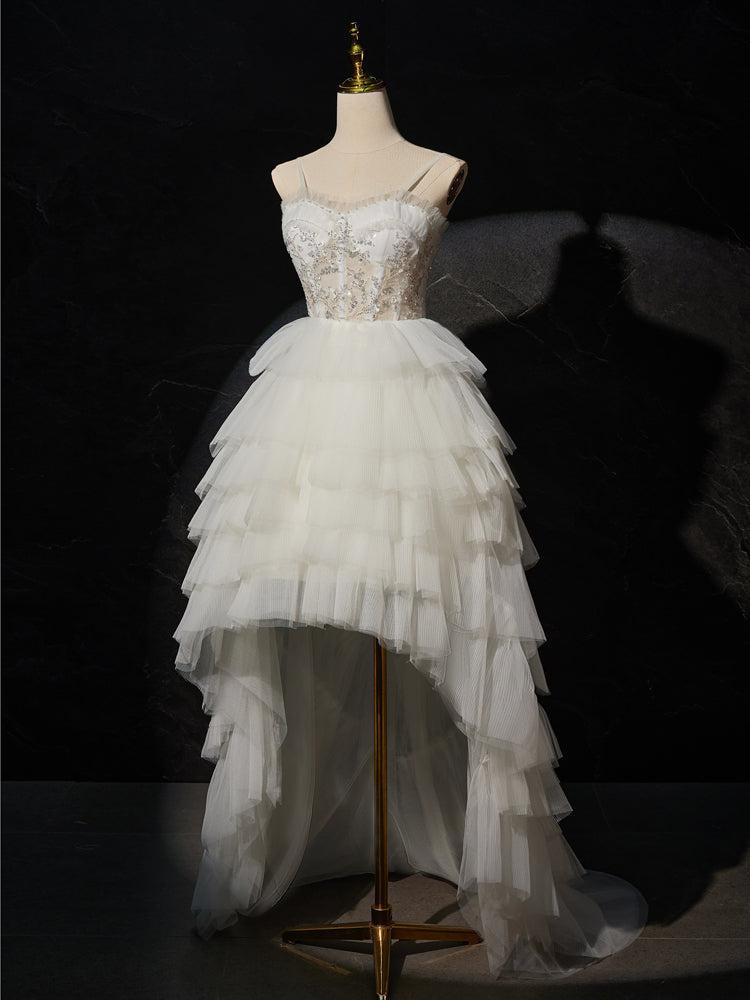 Handmade Wedding Dress Ivory Sweetheart Neck High Low Lace Tulle Evening Dress