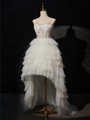Handmade Wedding Dress Ivory Sweetheart Neck High Low Lace Tulle Evening Dress