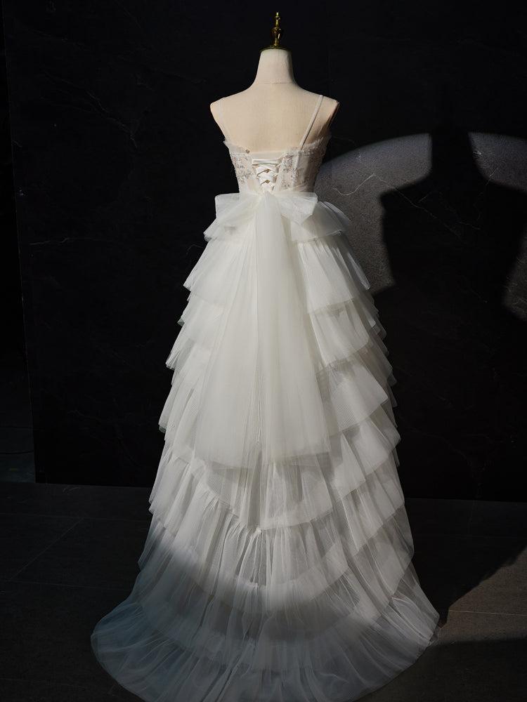 Handmade Wedding Dress Ivory Sweetheart Neck High Low Lace Tulle Evening Dress