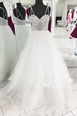 Handmade Wedding Dress Ivory Sweetheart Neck Tulle Beaded Long Evening Gown Evening Dress