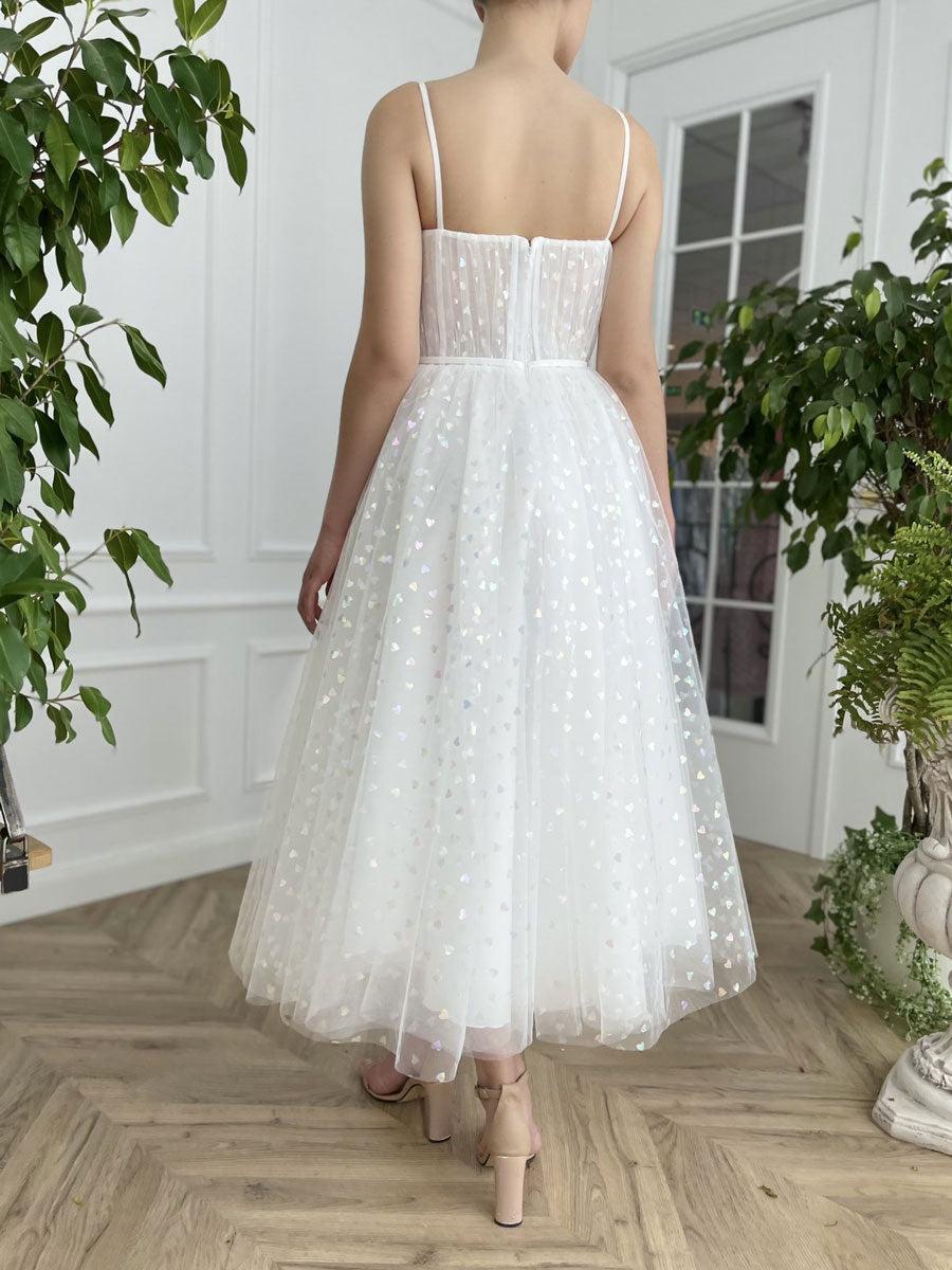 Handmade Wedding Dress Ivory Sweetheart Neck Tulle Tea Length Evening Gown Evening Dress
