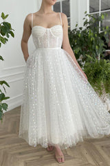 Handmade Wedding Dress Ivory Sweetheart Neck Tulle Tea Length Evening Gown Evening Dress