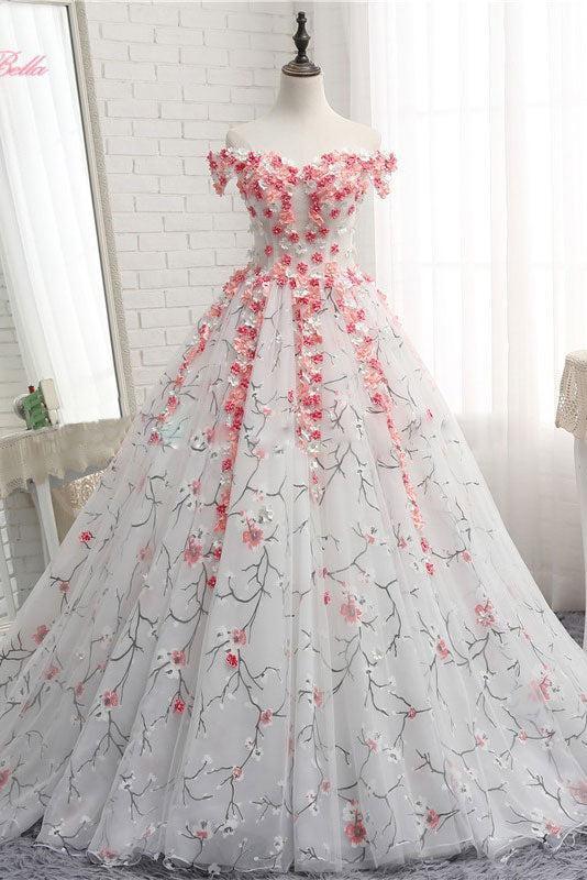 Handmade Wedding Dress Ivory Tulle 3D Appliques Long Evening Dress
