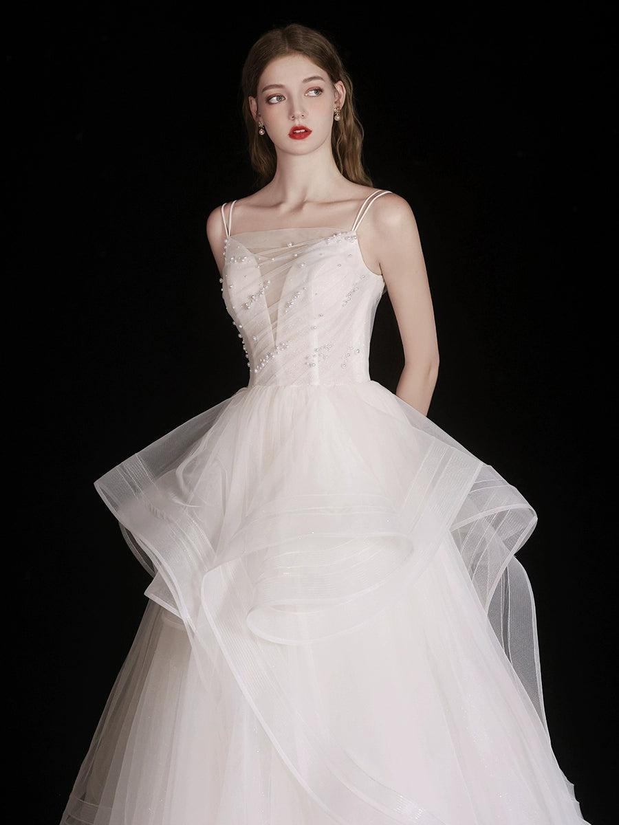 Handmade Wedding Dress Ivory Tulle Beaded Long Formal Dress Evening Dress