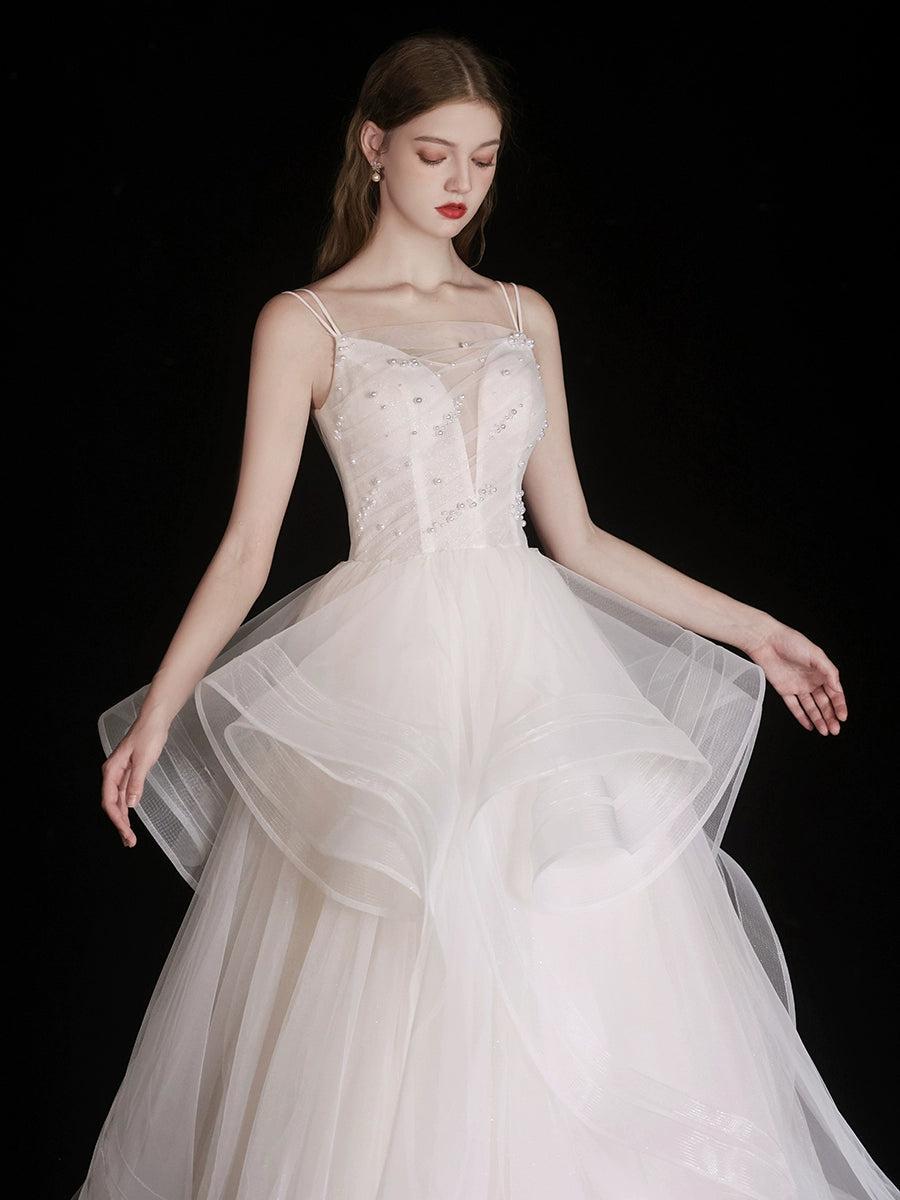 Handmade Wedding Dress Ivory Tulle Beaded Long Formal Dress Evening Dress