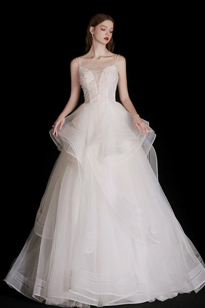 Handmade Wedding Dress Ivory Tulle Beaded Long Formal Dress Evening Dress