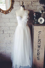 Handmade Wedding Dress Ivory Tulle One Shoulder Long Formal Dress Evening Dress