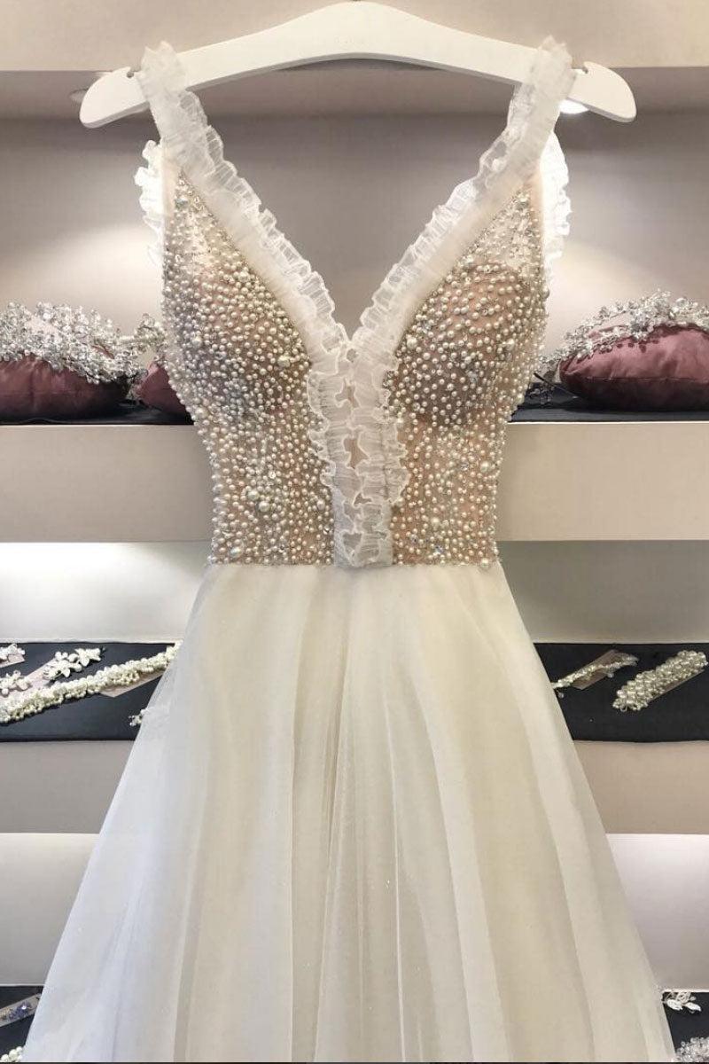 Handmade Wedding Dress Ivory V Neck Beaded Tulle Long Evening Dress