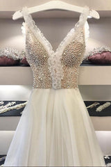 Handmade Wedding Dress Ivory V Neck Beaded Tulle Long Evening Dress