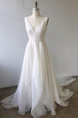 Handmade Wedding Dress Ivory V Neck Chiffon Long Evening Dress
