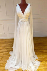 Handmade Wedding Dress Ivory V Neck Chiffon Long Formal Dress Evening Dress