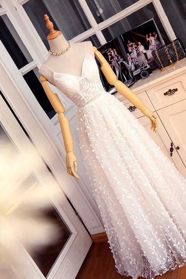 Handmade Wedding Dress Ivory V Neck Lace Long Evening Dress