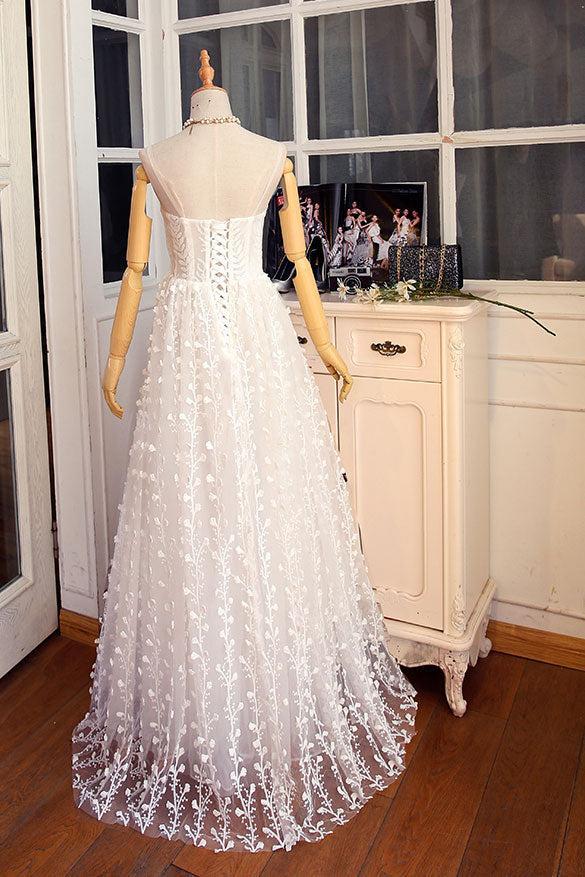 Handmade Wedding Dress Ivory V Neck Lace Long Evening Dress