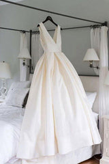 Handmade Wedding Dress Ivory V Neck Satin Long Evening Dress