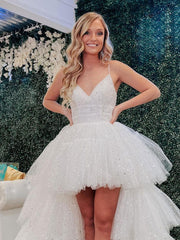 Handmade Wedding Dress Ivory V Neck Tulle High Low Formal Dress Evening Dress