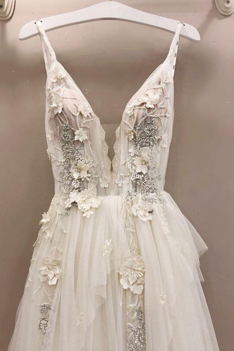Handmade Wedding Dress Ivory V Neck Tulle Lace Long Evening Dress