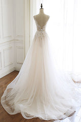 Handmade Wedding Dress Ivory V Neck Tulle Lace Long Evening Dress