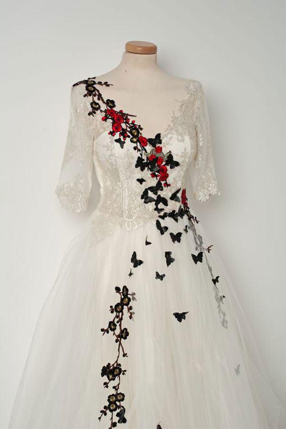 Handmade Wedding Dress Ivory V Neck Tulle Lace Long Evening Dress