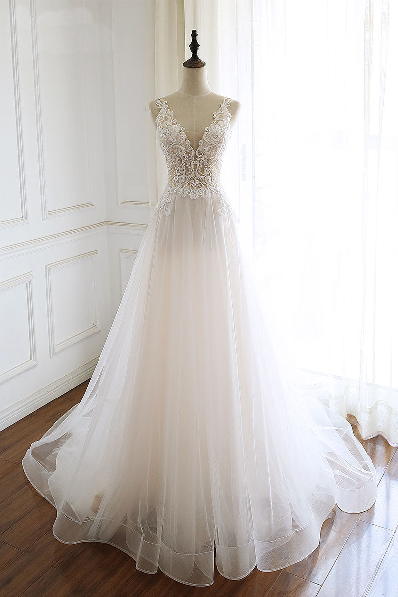 Handmade Wedding Dress Ivory V Neck Tulle Lace Long Evening Dress