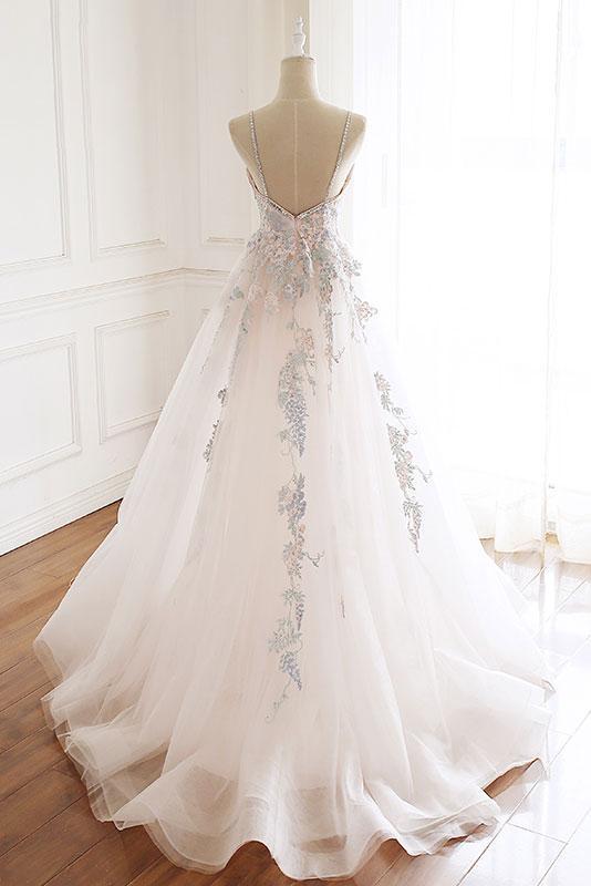 Handmade Wedding Dress Ivory V Neck Tulle Lace Long Evening Gown Evening Dress