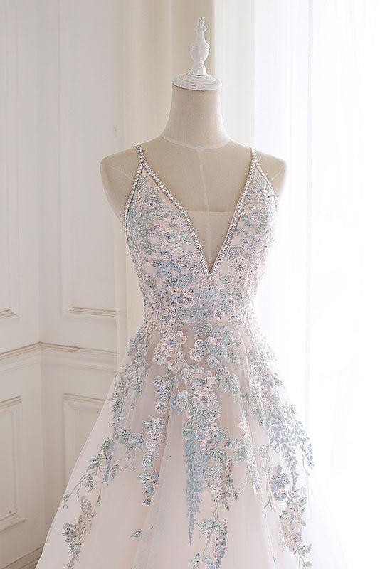 Handmade Wedding Dress Ivory V Neck Tulle Lace Long Evening Gown Evening Dress