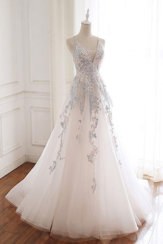 Handmade Wedding Dress Ivory V Neck Tulle Lace Long Evening Gown Evening Dress