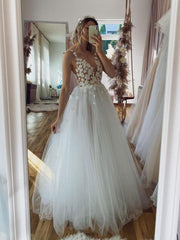 Handmade Wedding Dress Ivory V Neck Tulle Lace Long Formal Dress Evening Dress