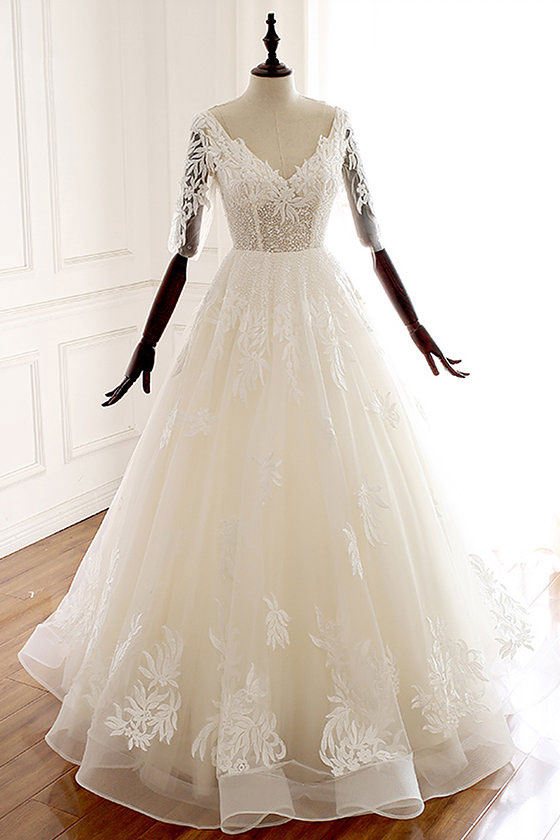 Handmade Wedding Dress Ivory V Neck Tulle Lace Long Wedding Gown Evening Dress