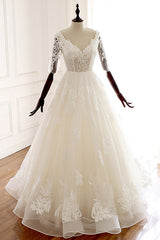 Handmade Wedding Dress Ivory V Neck Tulle Lace Long Wedding Gown Evening Dress