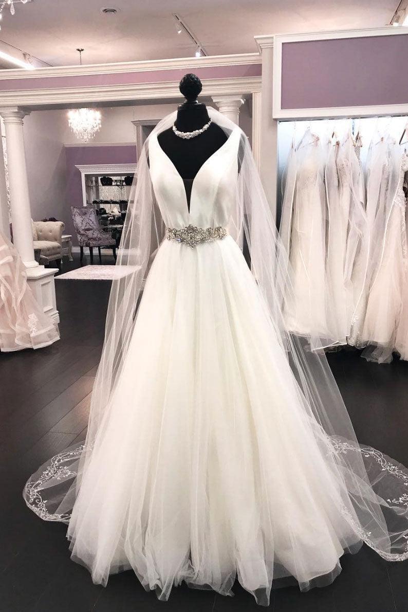 Handmade Wedding Dress Ivory V Neck Tulle Long Evening Dress