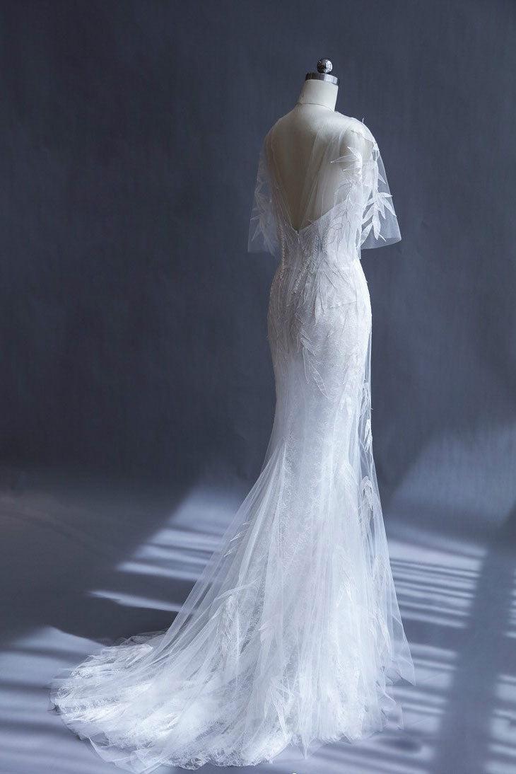 Handmade Wedding Dress Ivory V Neck Tulle Long Mermaid Evening Gown Evening Dress