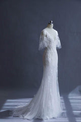 Handmade Wedding Dress Ivory V Neck Tulle Long Mermaid Evening Gown Evening Dress
