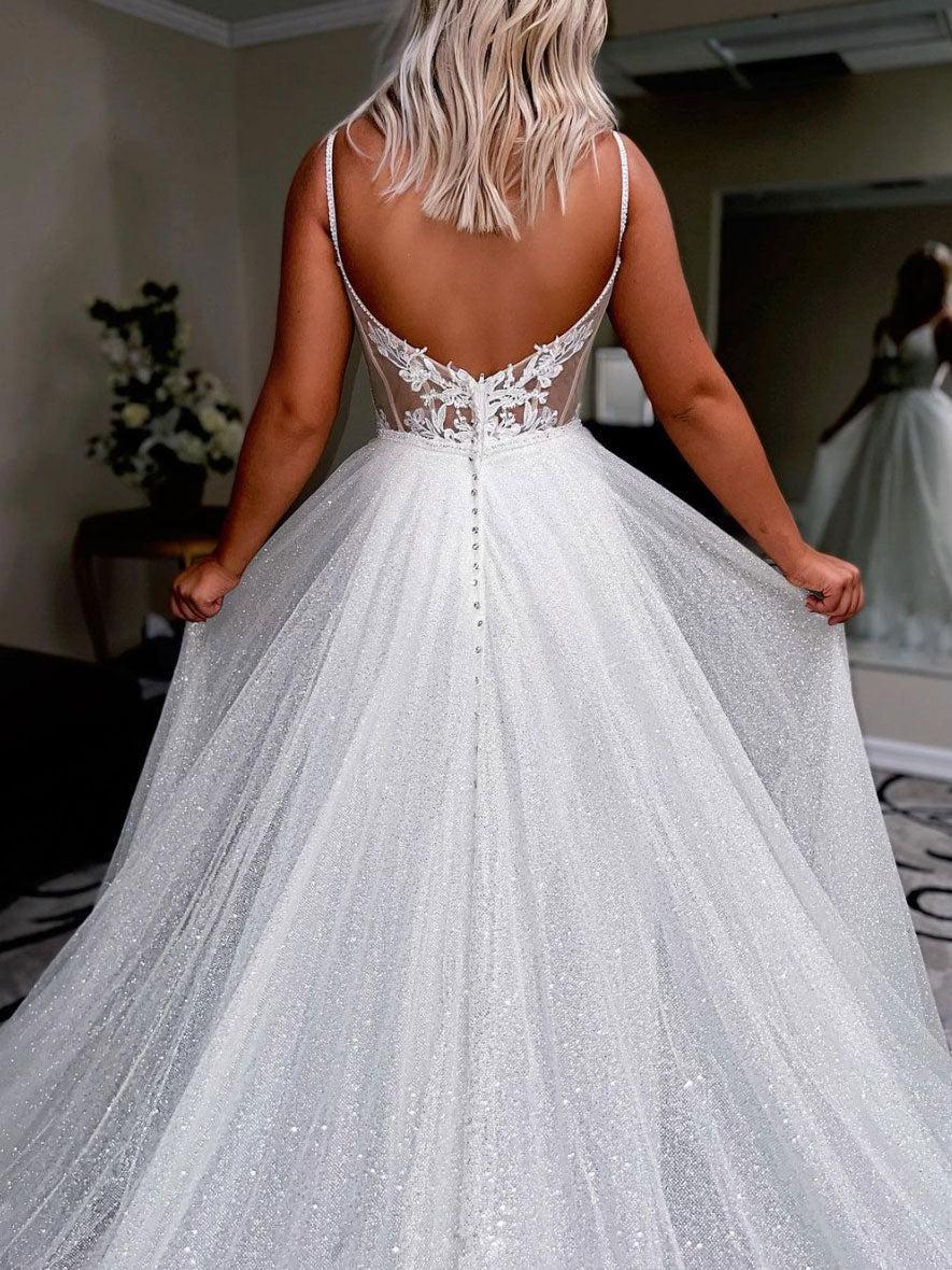 Handmade Wedding Dress Ivory V Neck Tulle Sequin Long Formal Dress Evening Dress