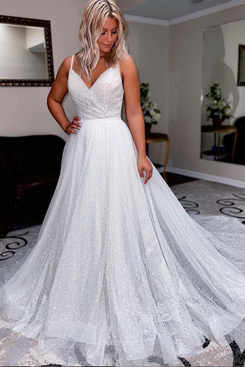 Handmade Wedding Dress Ivory V Neck Tulle Sequin Long Formal Dress Evening Dress