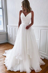 Handmade Wedding Dress Simple Ivory V Neck Long Formal Dress Evening Dress