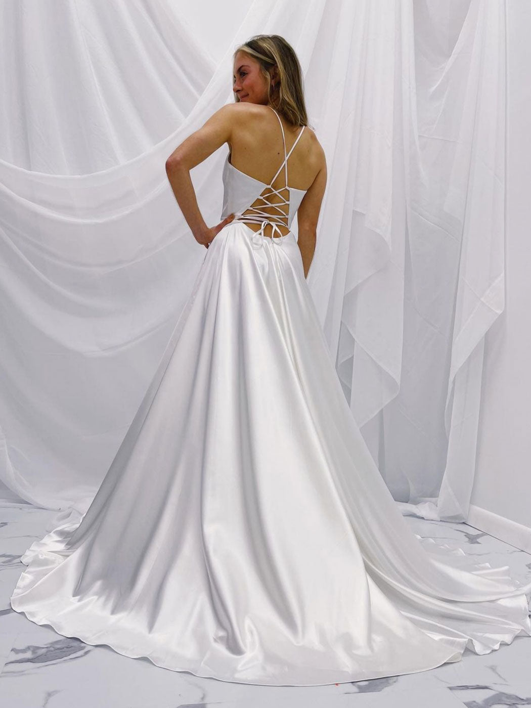 Handmade Wedding Dress Simple Ivory V Neck Satin Long A Line Evening Dress