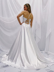Handmade Wedding Dress Simple Ivory V Neck Satin Long A Line Evening Dress