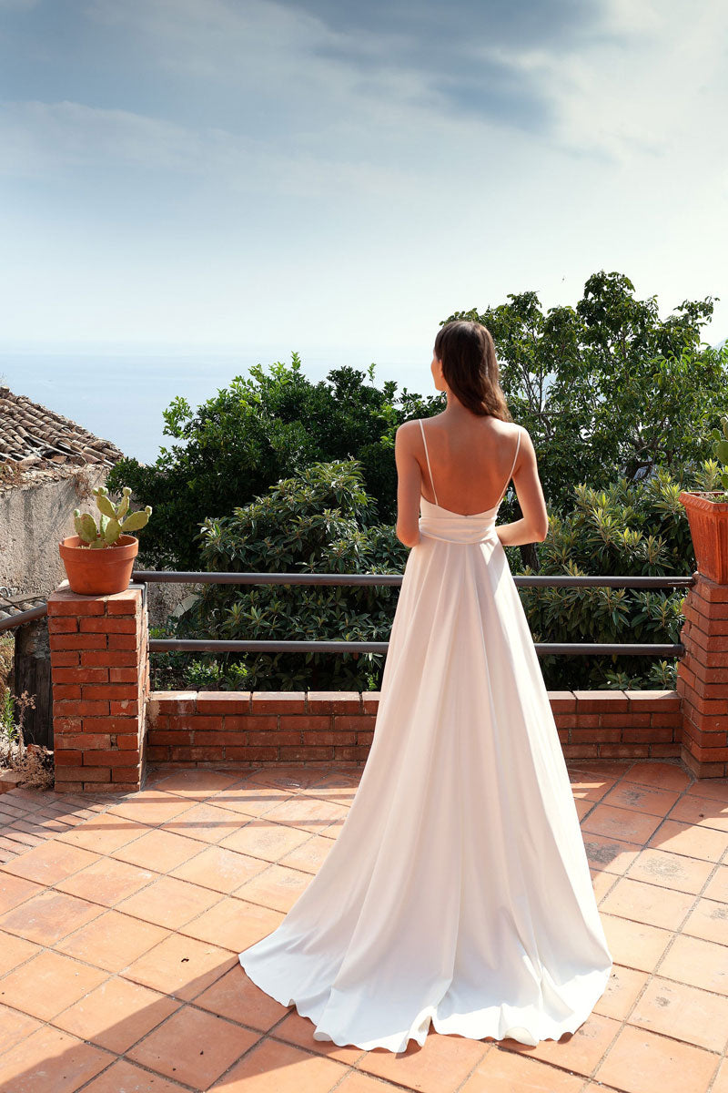 Handmade Wedding Dress Simple Ivory V Neck Satin Long Formal Dress Evening Dress