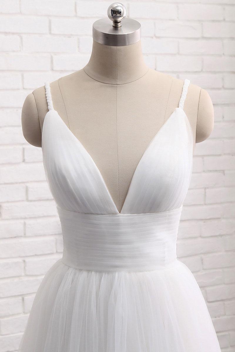 Handmade Wedding Dress Simple Ivory V Neck Tulle Long Evening Dress