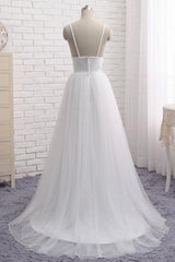 Handmade Wedding Dress Simple Ivory V Neck Tulle Long Evening Dress