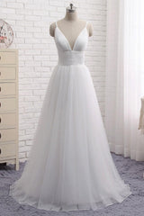Handmade Wedding Dress Simple Ivory V Neck Tulle Long Evening Dress