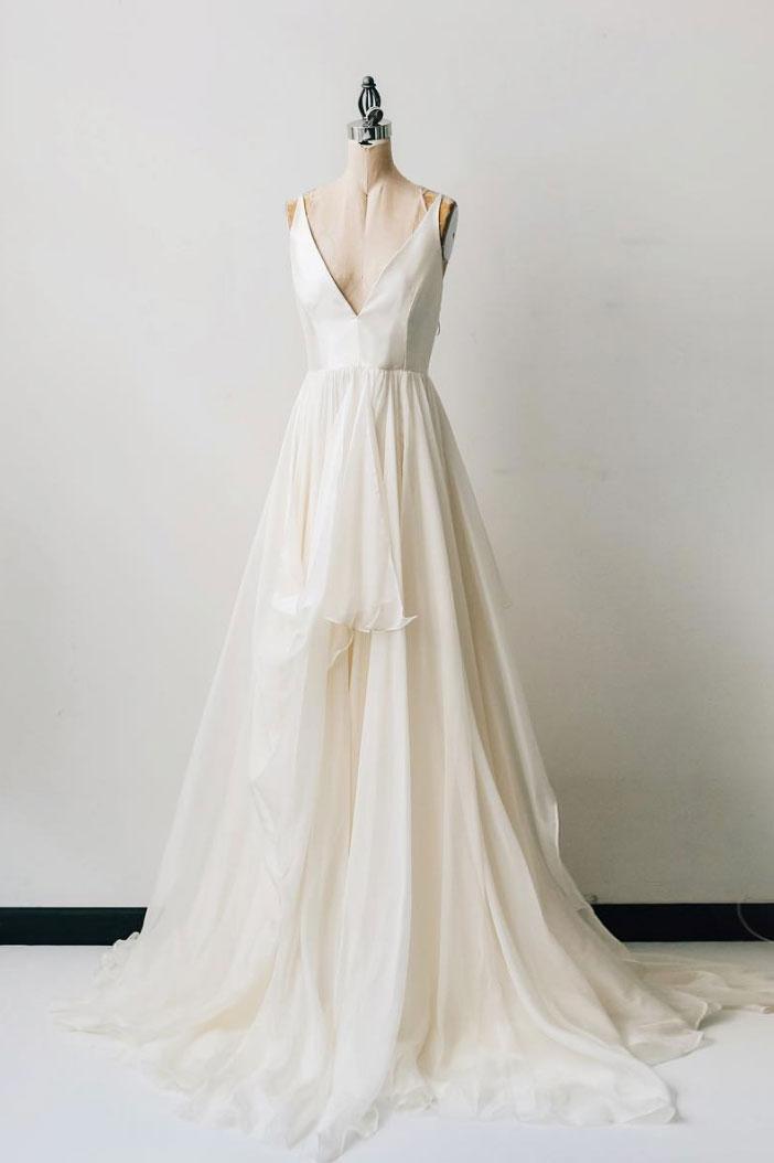 Handmade Wedding Dress Simple V Neck Ivory Chiffon Long Evening Dress